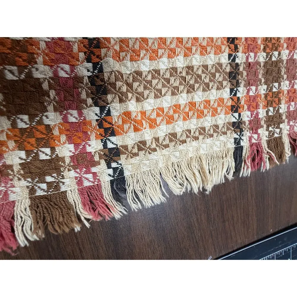 Vintage Cotton Plaid Small Table Covering Fringed Rustic Farmhouse Cabin 32 X 32